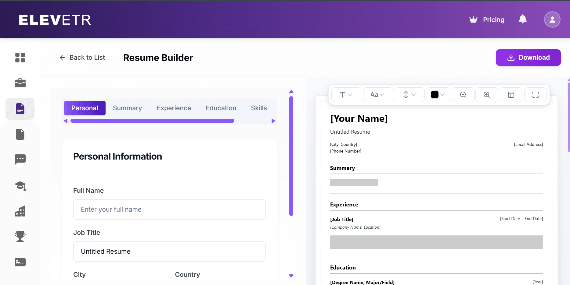 Elevetr AI resume builder interface